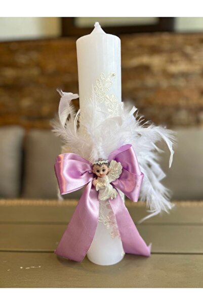Botez Lumanare din dantela si pene- lila, cu ingeras, 35x6 cm