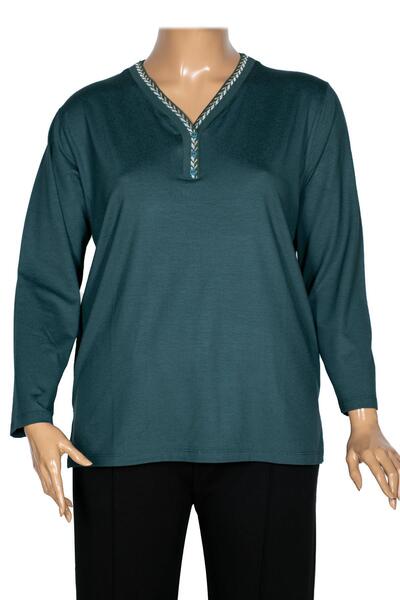 Pıtırcık Cimariva Women's Öykü Large Size V-Neck Knitwear Detailed Petrol Blouse