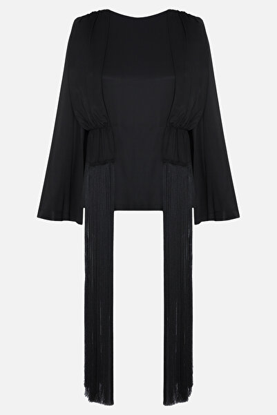 Setre Black Fringe Detailed, Long Sleeve Relaxed Fit Blouse