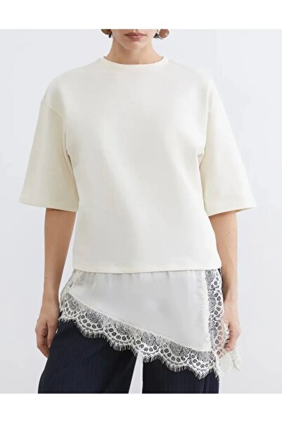 Noi Belis Oversize Asymmetric Cut Lace Detailed Knitted T-Shirt Ss26Ts0009