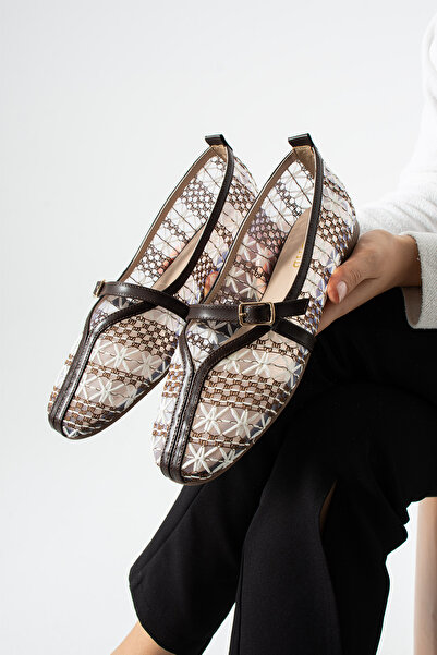 dabab shoes Marvena Women's Brown and White Cross-Strapped Lace Detailed Tran...