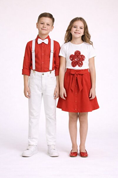 Nacar 23 Nisan 29 Ekim Kız&Erkek Çocuk Düğmeli Double Etek-Papatya Tshirt&4’l...