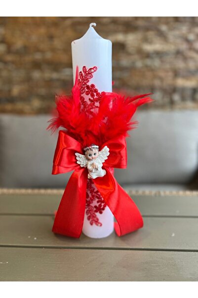 Botez Lumanare din dantela si pene- rosu cu ingeras, 35x6 cm