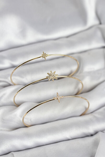 Nehir Zircon Stone Polar Star Model Gold Color 3-Piece Women's Bracelet Combi...