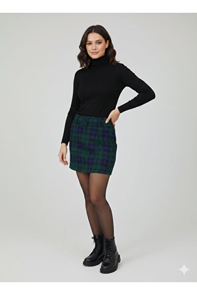 marvion Kadın Kalın Ekose Kumaş Etek Kemer Detaylı