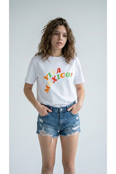 HOXİE Women's Solid Color Viva Mexico Digital Printed Crew Neck Basic T-Shirt