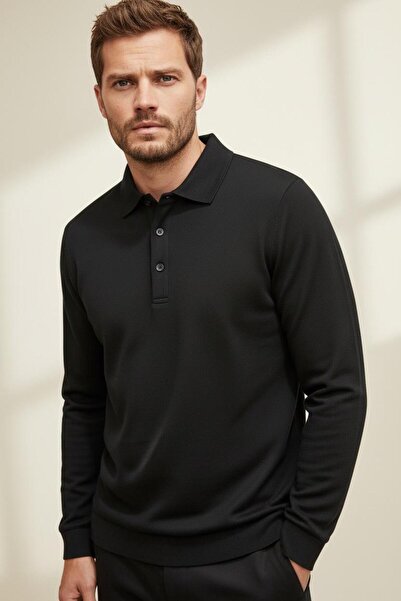 WEMSEY Βαμβακερό βασικό μαύρο φούτερ με γιακά πόλο