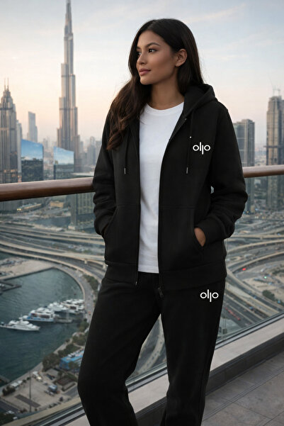 FS CABİN Printed Ollo Black Zippered Cardigan Tracksuit Set Unisex Winter/Sea...