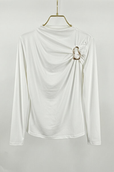 AKD Atelier Women's Blouse with Gold Buckle Detail, Gathered Long Sleeves, Sa...