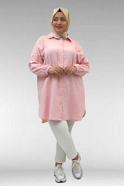 Eslina 58091 Plus Size Muslin Shirt with Elastic Sleeves - Candy Pink