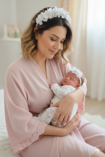 ROYAL ROX Beyaz Lohusa Anne Tacı ve Yenidoğan Bebek Saç Bandı Seti – İnci Det...