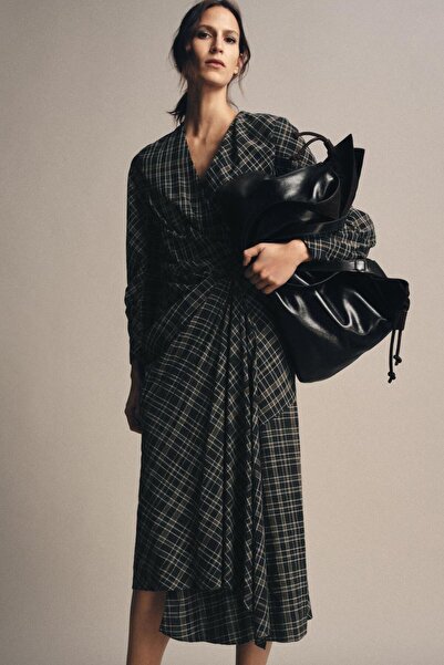 Butik Allbucks Zr Za-Ra Checked Draped Long Dress Abzra3744