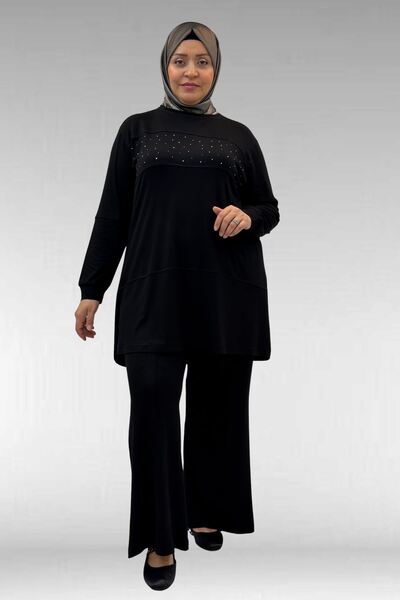 Eslina 67021 Plus Size Stone Print Detailed Segmented Trousers Set - Black