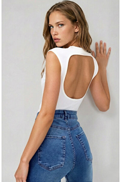 OLSAMODA Women's Backless Sleeveless Flexible Sandy Fabric Blouse