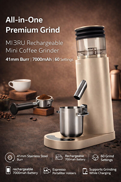 MIBRU مطحنة قهوة صغيرة قابلة لإعادة الشحن من MI3RU، لون أبيض - شفرات 41 مم، ب...