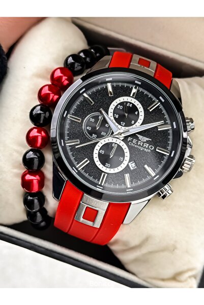 FERRO Sports Men's Wristwatch, Functions Active, Red Silicone Cord, in Stylis...