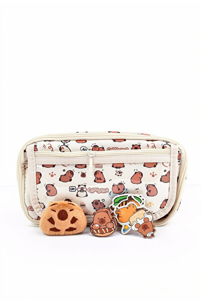 Gökyüzü ışığı Capybara Desenli Çok Bölmeli Kalemlik - Peluş bir broş - 5 stic...