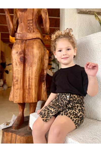 Limonlu Pamuk Kız Çocuk Leopar Desenli Şort Etek