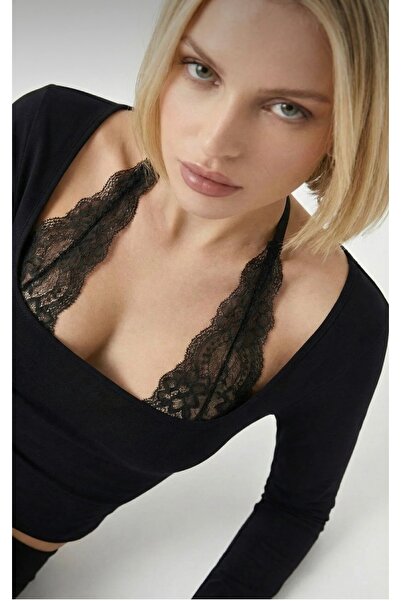 woreys Siyah Bağlamalı Dantelli Gotik Uzun Kol %95 Ultra Soft Pamuk Bluz