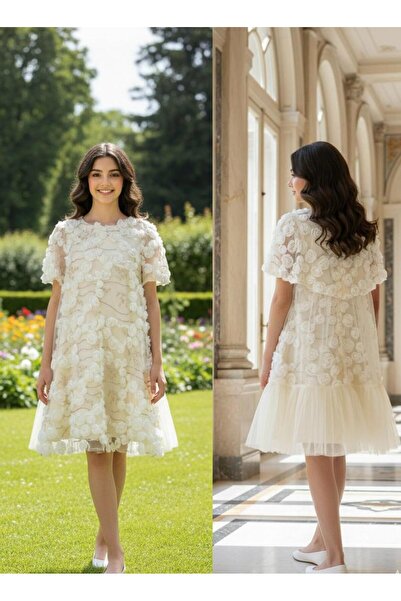 Rawai Roma Girls' dress in white and beige with a prominent rose pattern and ...