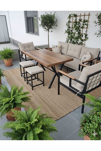 Pimango Pi Elize 3+1+1 80x120 cm 2 adet Tekli Puflu Bahçe Mobilyası Balkon Mo...