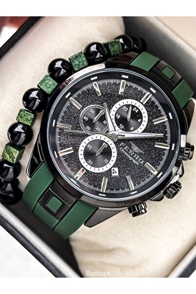 FERRO Sports Men's Wristwatch, Functions Active, Green Silicone Cord, in Styl...