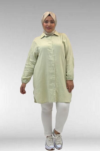 Eslina 58091 Plus Size Muslin Shirt with Elastic Sleeves - Water Green