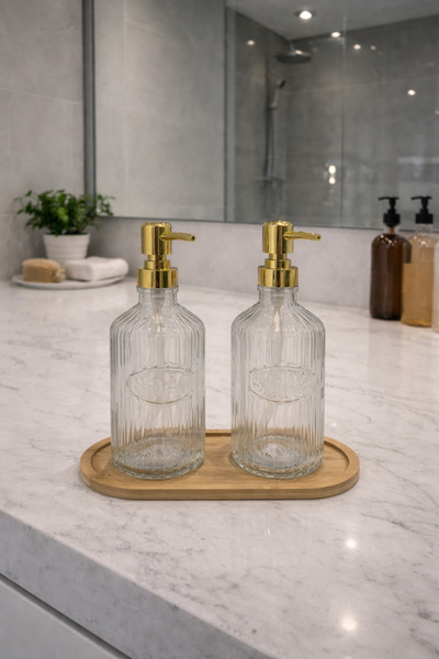 MEYA PİNE Glass Liquid Soap Dispenser with Bamboo Base, 2 Pieces