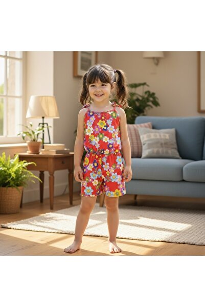 BUUFUU Summer Digital Printed Strappy Girls' Jumpsuit Dress with Elastic Waist