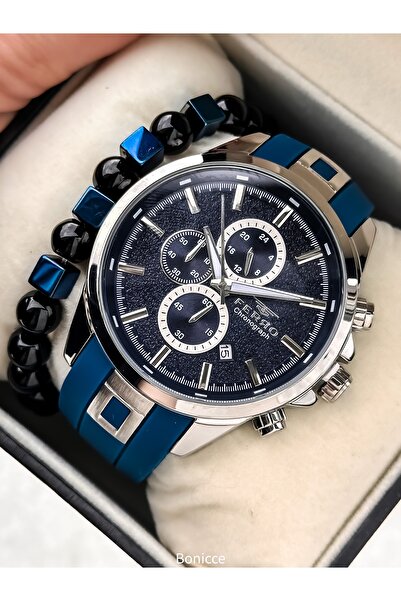 FERRO Sports Men's Wristwatch, Functions Active, Navy Blue Silicone Strap, in...