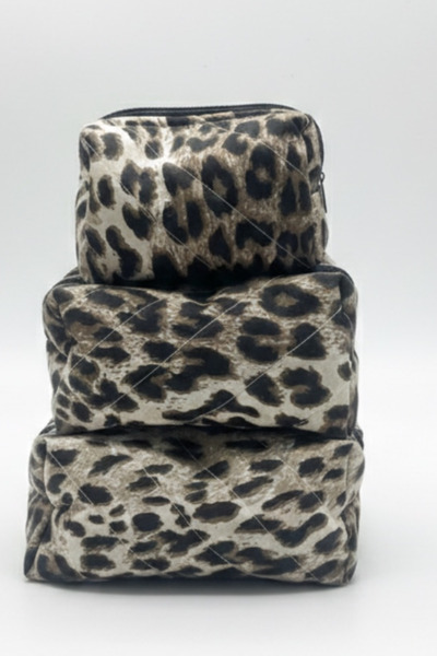 Bestway ve Diğeri Leopard Patterned Quilted 3-Piece Makeup Travel Organizer a...