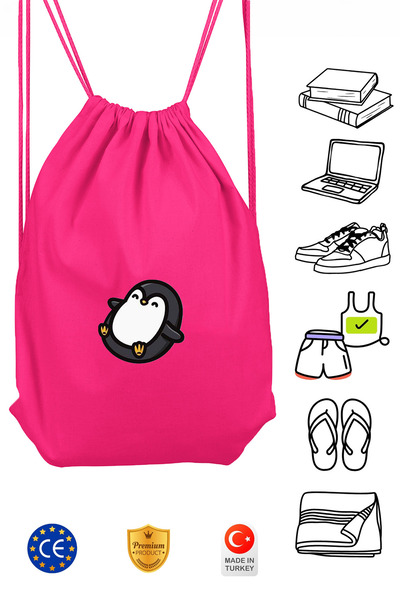 Omotasarım Penguen Unisex Pembe Spor Sırt Çantası Büzgülü
