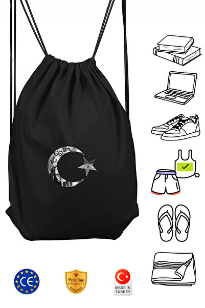 Atelier Print Ay Yıldız Unisex Siyah İpli Spor Sırt Çantası