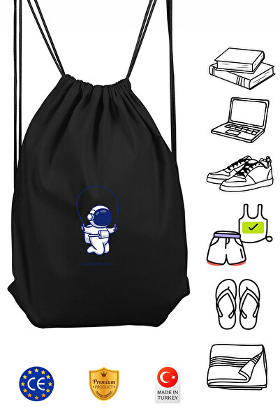 Omotasarım İpli Atlayan Astronot Unisex Siyah Spor Sırt Çantası Büzgülü
