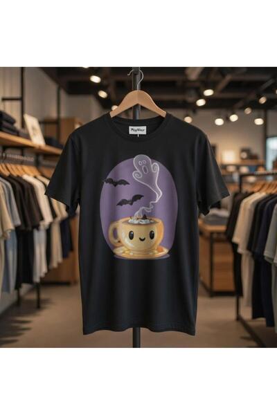 playwear Tricou cu imprimeu unisex cu design ciocolată caldă Haunted Halloween