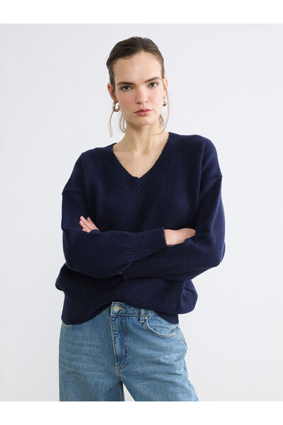 LC Waikiki Nevavm Farkıyla Lcw Vision Navy Blue V-Neck Oversize Women's Knitw...