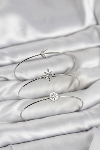 lowell home Silver Color Zircon Stone Pole Star Model 3-Piece Women's Bracele...