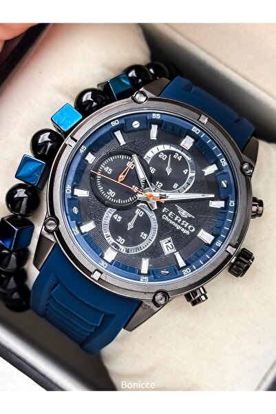 FERRO Sports Men's Wristwatch, Functions Active, Navy Blue Silicone Strap, in...