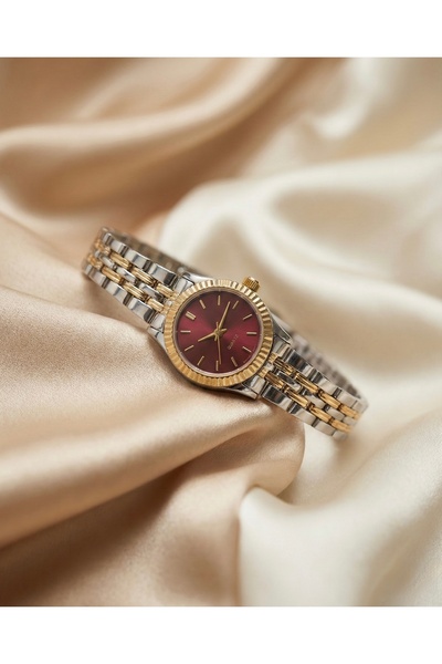 KLISHE Butik Women's Steel Watch Gold & Silver Claret Red Dial Vintage Luxury...