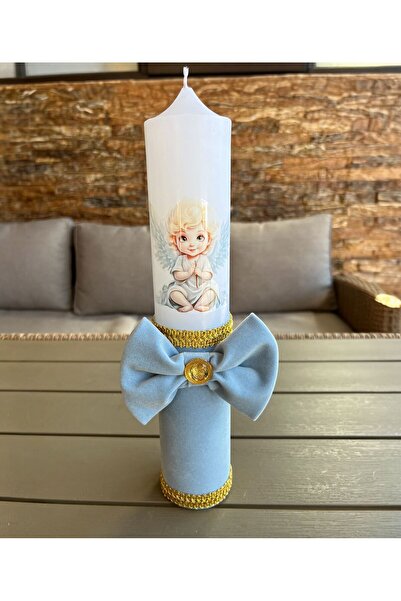 Botez Lumanare ingeras – cu catifea blue , 35X6 CM
