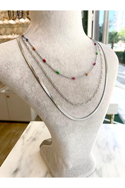 Lilyum Aksesuar ÇELİK 3 Kolye Tek Kombin Renkli Boncuklu Ataş Model İtalyan Z...