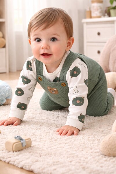 Babexi Yumuşak Dokulu Yeşil Bebek Kombin – Salopet + Bod