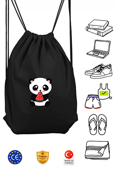 Atelier Print Mini Panda Unisex Siyah İpli Spor Sırt Çantası