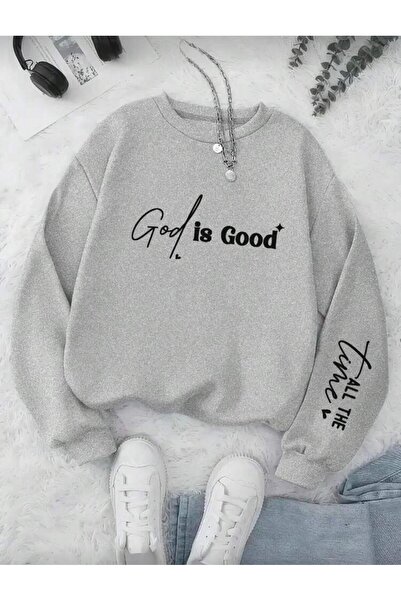 Oceanwear God Is Good Printed Crew Neck Gray Sweatshirt with Sleeve Detail
