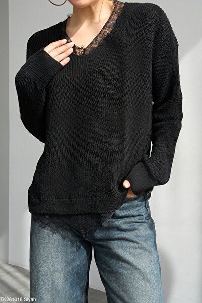 CADDELAMODA Women's V-Neck Lace Detailed Thessaloniki Knit Premium Mercerized...