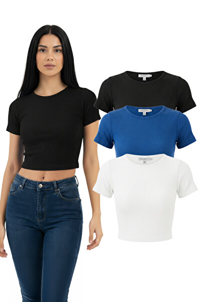 NERTH STYLE Crew Neck Short Sleeve Crop Blouse T-Shirt Combed Cotton Set of 3