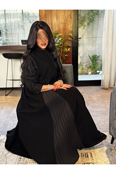 GENRAL Abaya D841 in ceramic Crepe fabric, side pleats , Lace sleeves, half-c...
