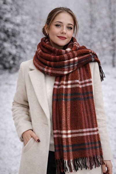 ZRN AKSESUAR Plaid Patterned Shawl in Orange Color, Trendy, Soft Textured, St...