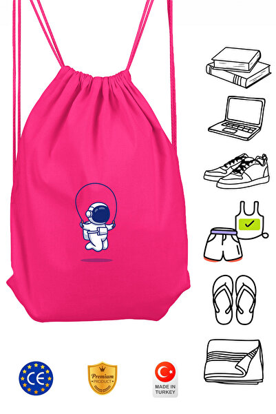 Omotasarım İpli Atlayan Astronot Unisex Pembe Spor Sırt Çantası Büzgülü