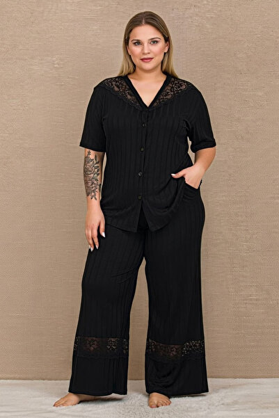 Viselya dantelă Set de pijamale negre, cu nasturi, mărime mare